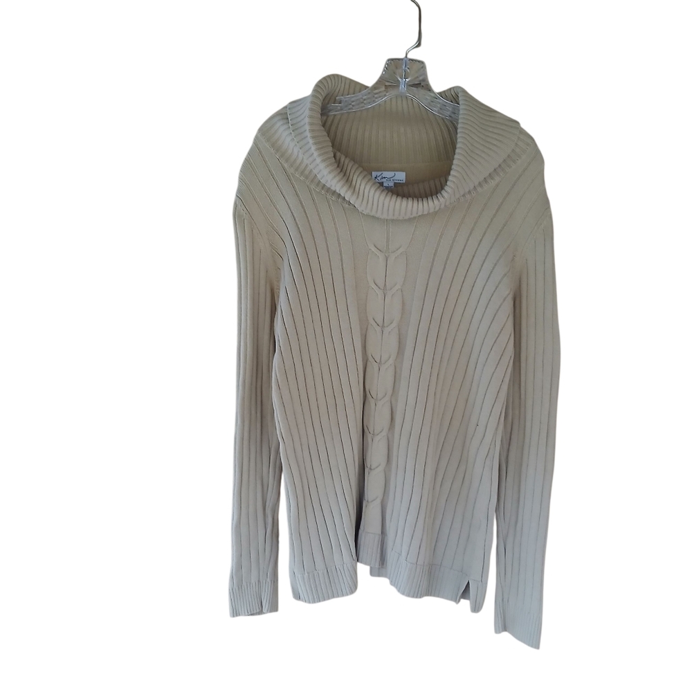 Kim Rogers Tan Cowl Neck Ribbed & Cable Knit Cotton Sweater Large